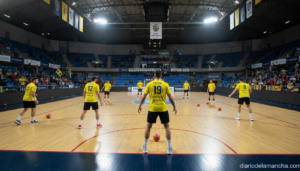 Handball players warming up inside a large modern indoor sports arena before an evening match, yellow team jerseys visible...