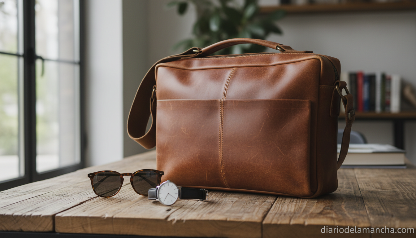 En 2026 el bolso masculino destrona a la mochila como accesorio esencial 1 Bolso de hombre de cuero estilo moderno sobre escritorio