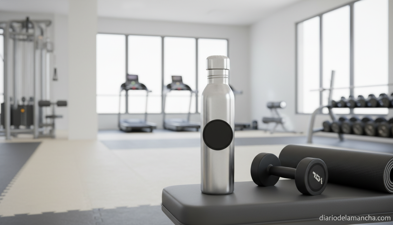 Botella isotérmica con soporte magnético para móvil en el gimnasio