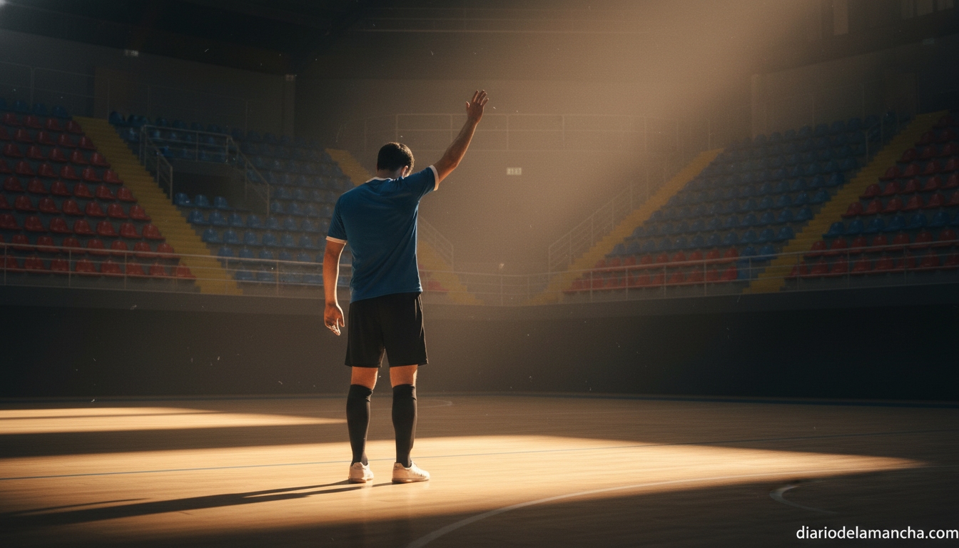 A futsal player in athletic gear saying goodbye on an indoor sports court, standing alone on the court looking towards the...