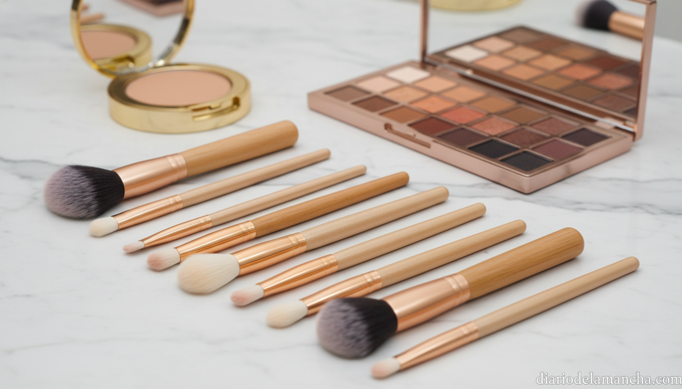 Set de brochas de maquillaje Real Techniques sobre tocador