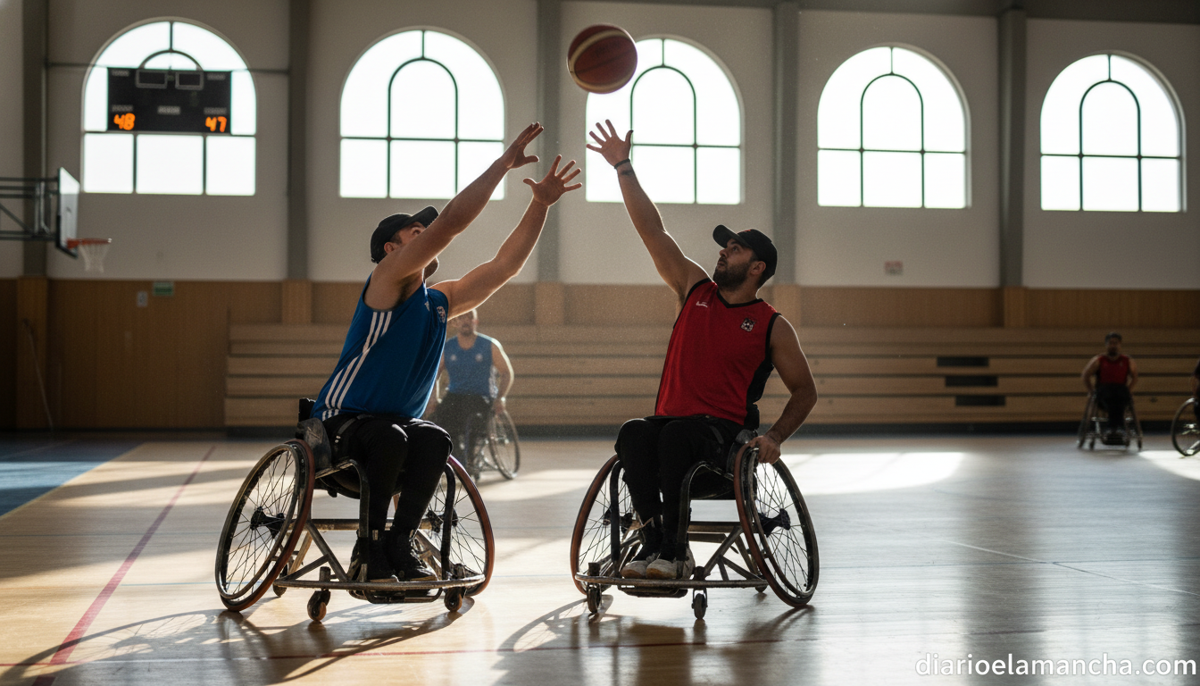 Dos jugadores de baloncesto en silla de ruedas disputan un balón durante un partido en pista cubierta