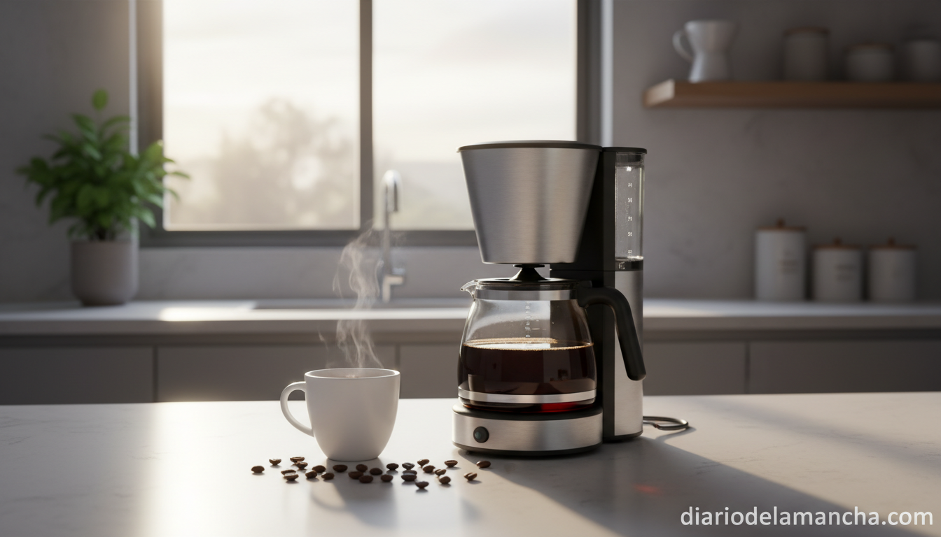 La cafetera de goteo favorita en Amazon: más de 13.000 reseñas y 12 tazas por sesión 1 Cafetera de goteo en cocina moderna con taza de café