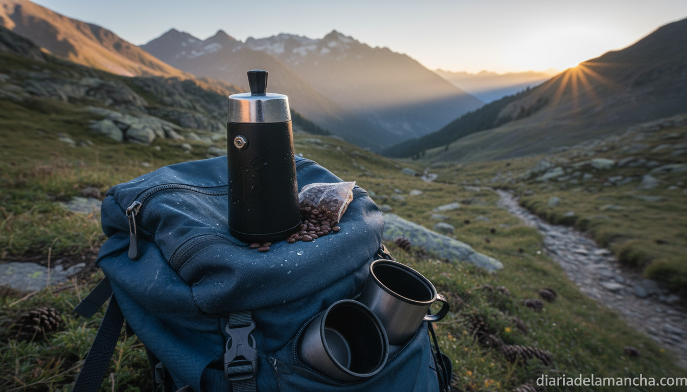 Cafetera portátil en escenario de viaje y montaña