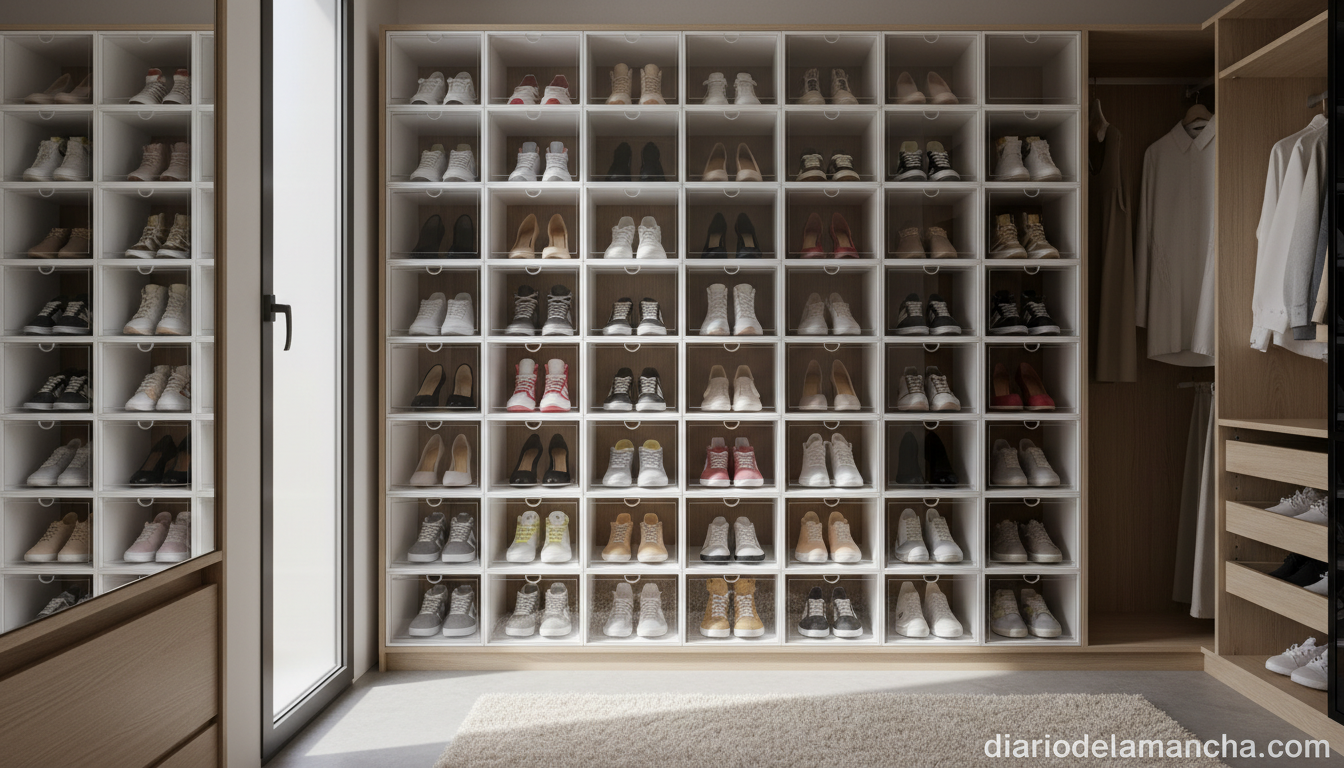 Cajas apilables transparentes para organizar zapatos en armario