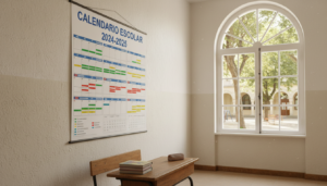 Calendario escolar en pared de colegio español, jornadas marcadas con colores, pupitre y ventana al fondo, sin personas id...