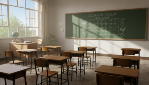 Aula de colegio público vacía, pupitres ordenados, pizarra verde con calendario escolar dibujado, ventana con luz natural ...