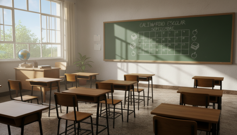 Aula de colegio público vacía, pupitres ordenados, pizarra verde con calendario escolar dibujado, ventana con luz natural ...