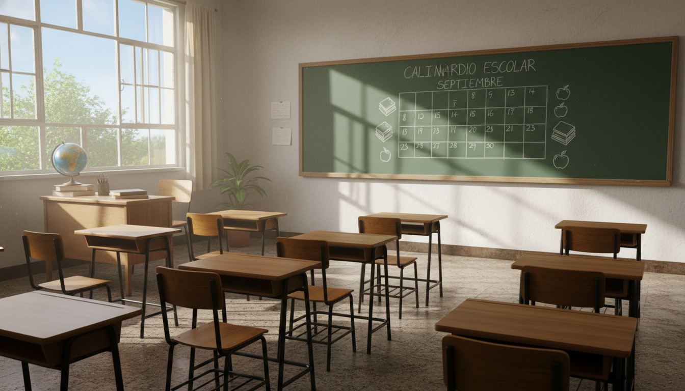 Aula de colegio público vacía, pupitres ordenados, pizarra verde con calendario escolar dibujado, ventana con luz natural ...