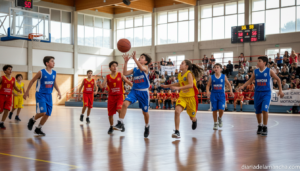 Young basketball players in a sports court during a regional youth championship game in Castilla-La Mancha, Spain. Players...