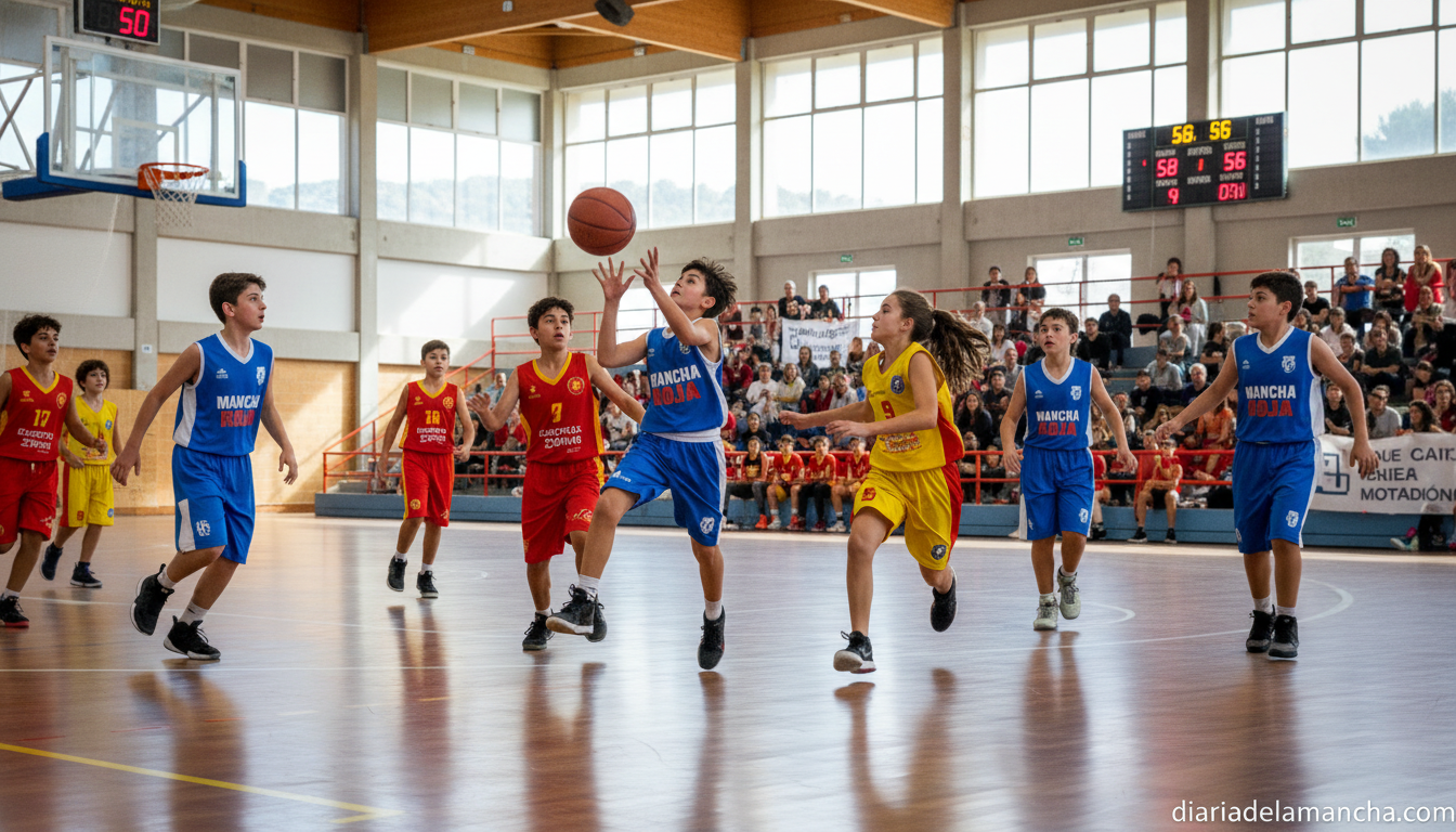 Young basketball players in a sports court during a regional youth championship game in Castilla-La Mancha, Spain. Players...