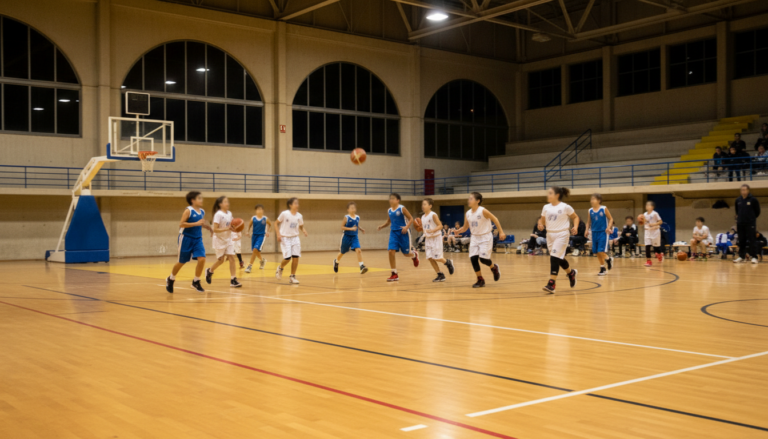 Pabellon municipal de baloncesto en una localidad española, con varios jugadores infantiles de unos 10 a 12 años en plena ...