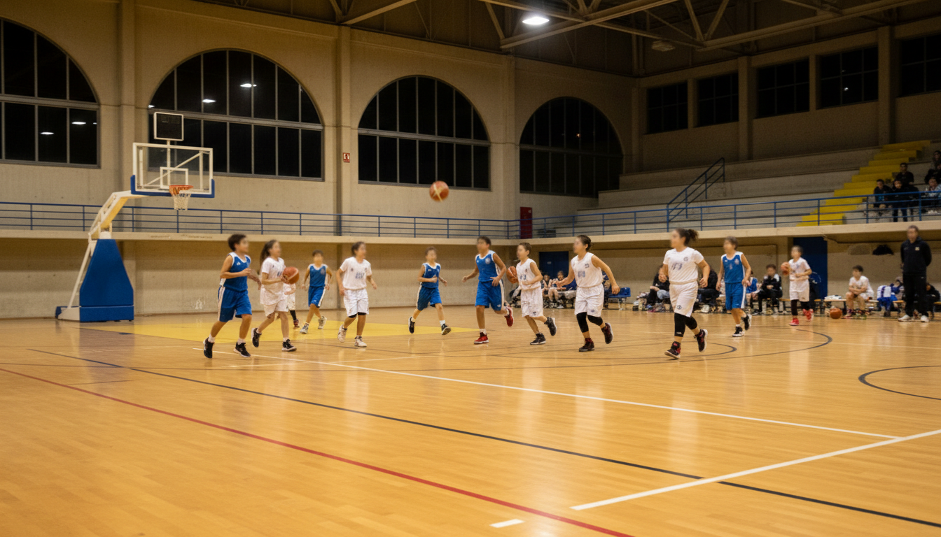 Pabellon municipal de baloncesto en una localidad española, con varios jugadores infantiles de unos 10 a 12 años en plena ...