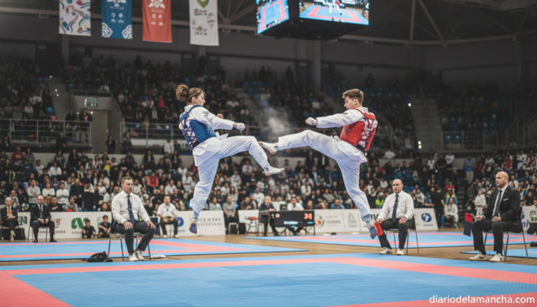 Taekwondo athletes competing in an indoor sports arena, wearing doboks in different colors during a national championship,...