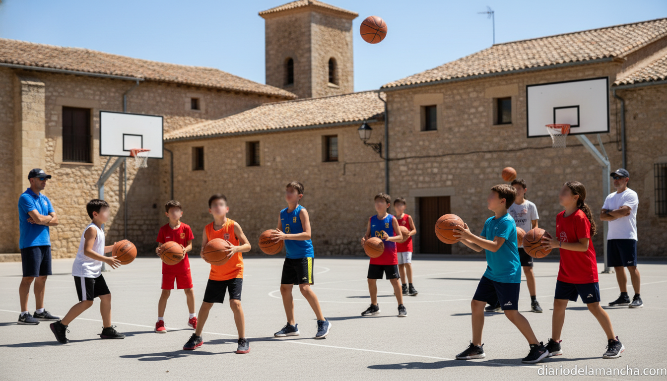A youth basketball training session on an outdoor court in a Spanish town, young players aged 10-14 practicing dribbling a...