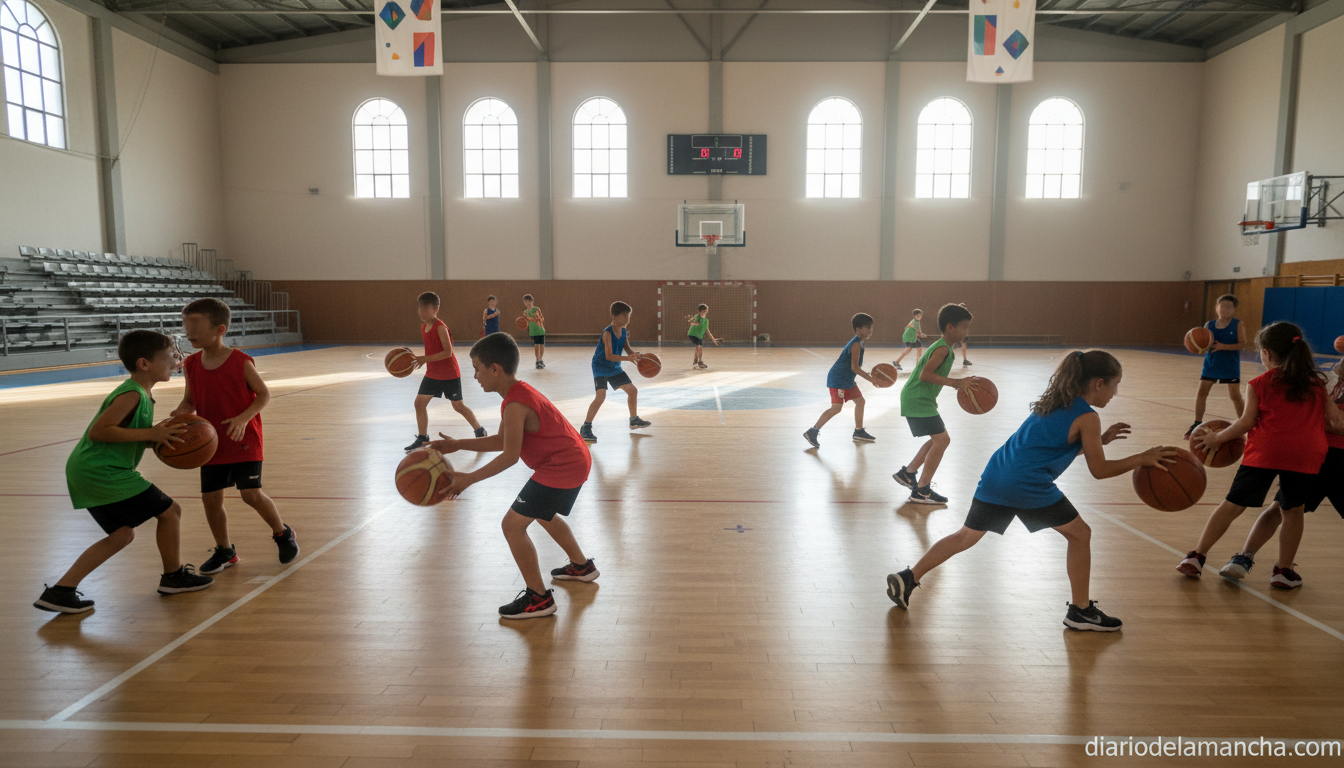Young children playing basketball in a sports hall, practicing dribbling and passing on a wooden court, colorful jerseys, ...