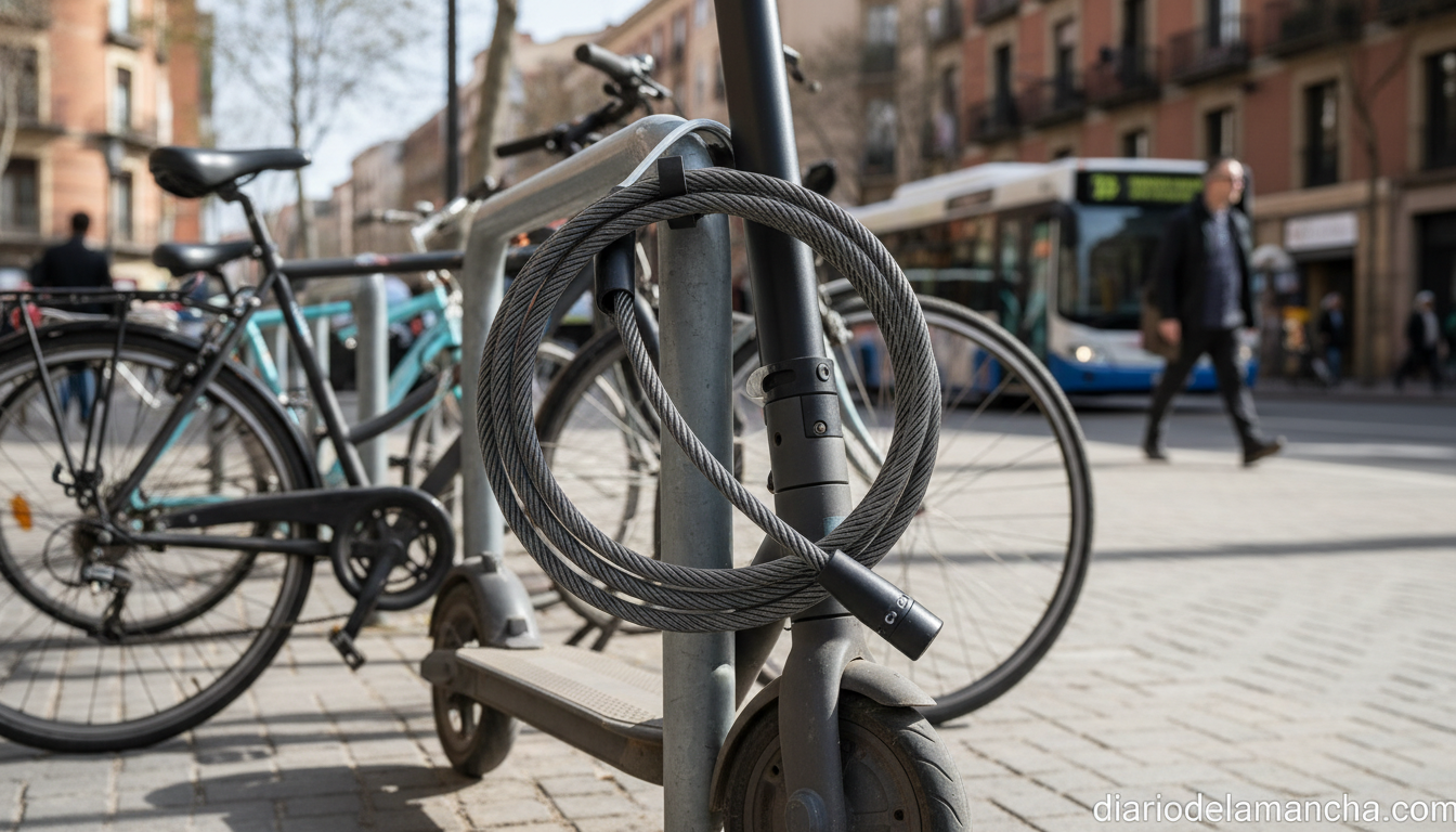 Los mejores candados antirrobo para patinetes eléctricos: guía y comparativa 1 Candado antirrobo de cable asegurando un patinete eléctrico en la ciudad