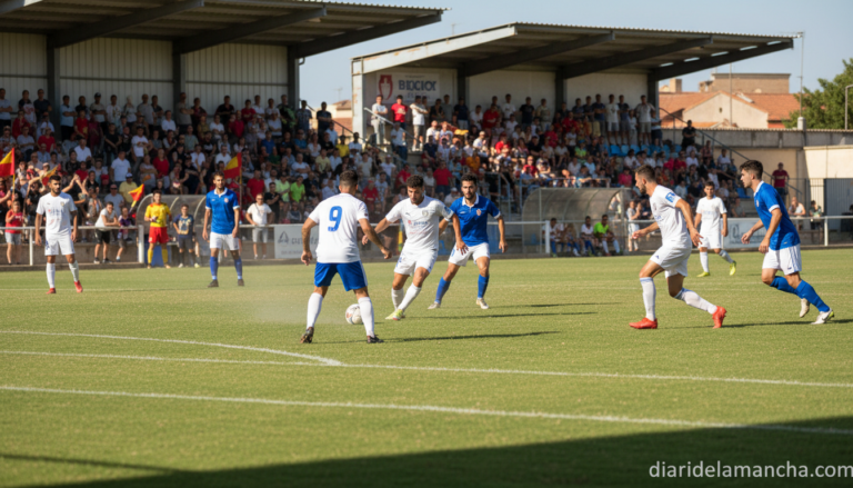 Football players in a regional Spanish football match in a small stadium in Castilla-La Mancha, sunny day, match in progre...