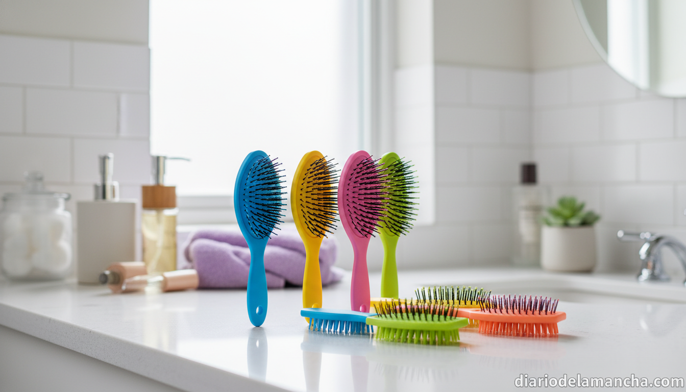 Cepillos antitirones de pelo de diferentes marcas sobre encimera de baño