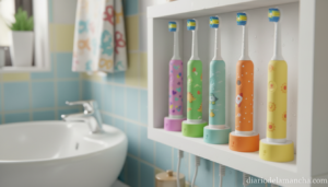 Cepillos eléctricos infantiles de colores en baño de niños