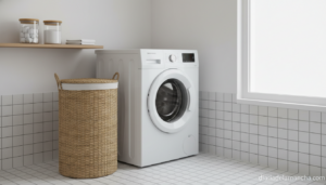 Cesto de ropa sucia compacto y plegable junto a lavadora en baño moderno