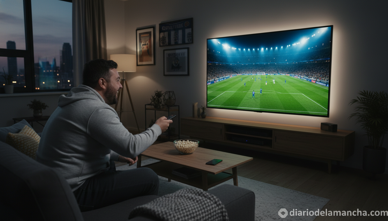 Real Madrid contra Benfica en vivo por Movistar Plus+ a solo 9,99€ mensuales 1 Smart TV mostrando partido de Champions League en salón
