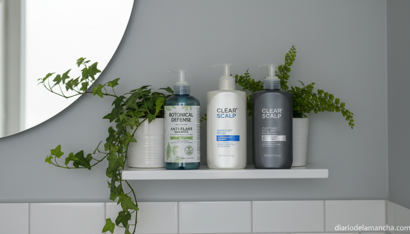 Champú anticaspa en estantería de baño con plantas