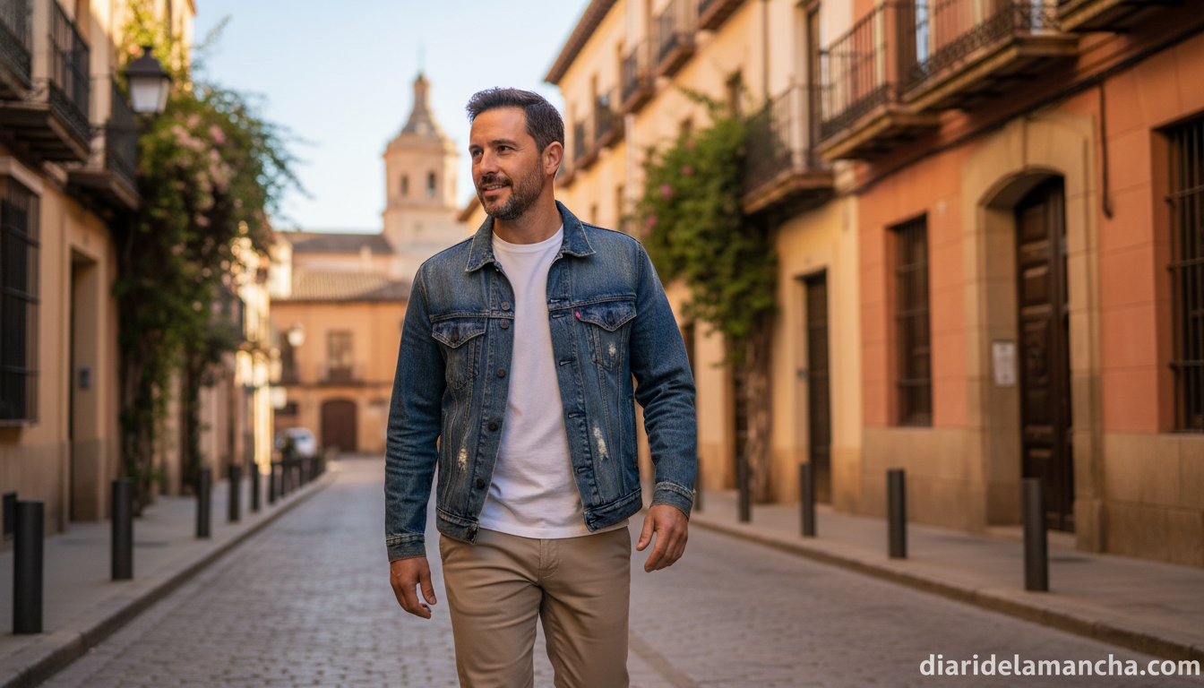 Hombre con chaqueta vaquera vintage Trucker estilo Levi's caminando por una calle al sol en primavera