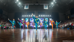 Young athletes performing a synchronized fitness and dance routine on a competition stage, wearing colorful sports outfits...