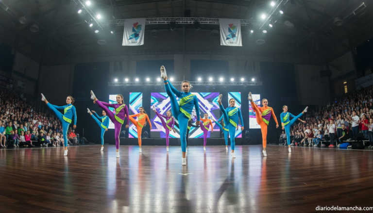 Young athletes performing a synchronized fitness and dance routine on a competition stage, wearing colorful sports outfits...