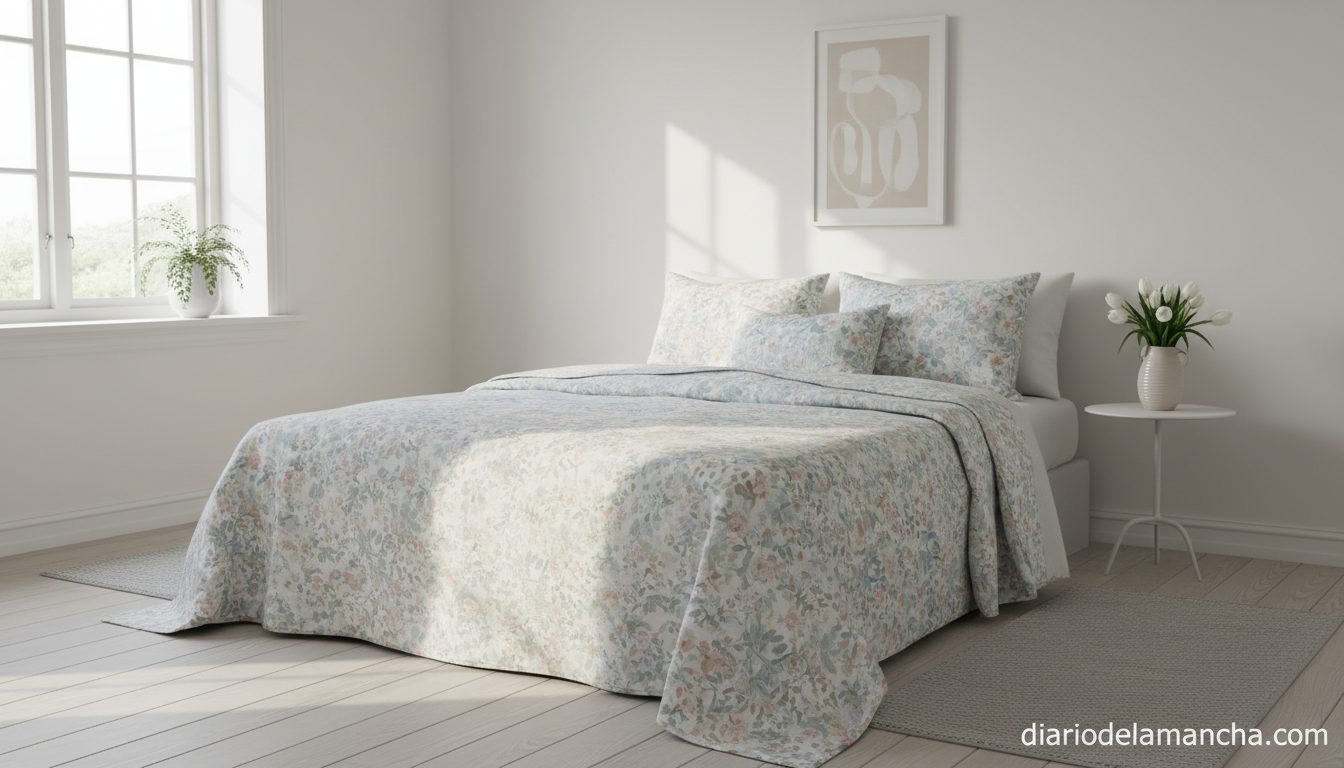 Colcha de primavera en microfibra sobre cama bien hecha en habitación luminosa