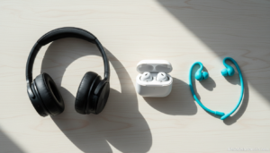 Comparativa de auriculares de diadema, true wireless e intraurales deportivos sobre superficie de madera