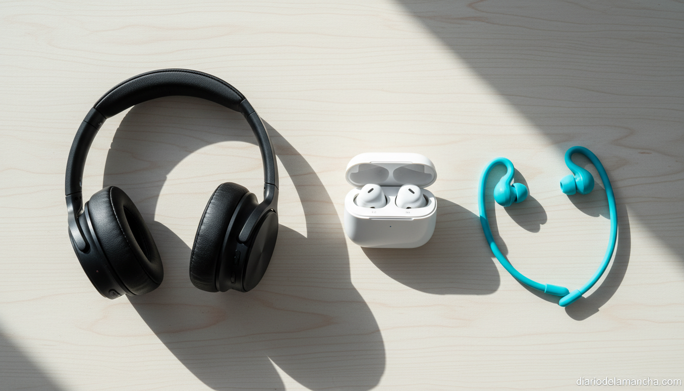 Comparativa de auriculares de diadema, true wireless e intraurales deportivos sobre superficie de madera