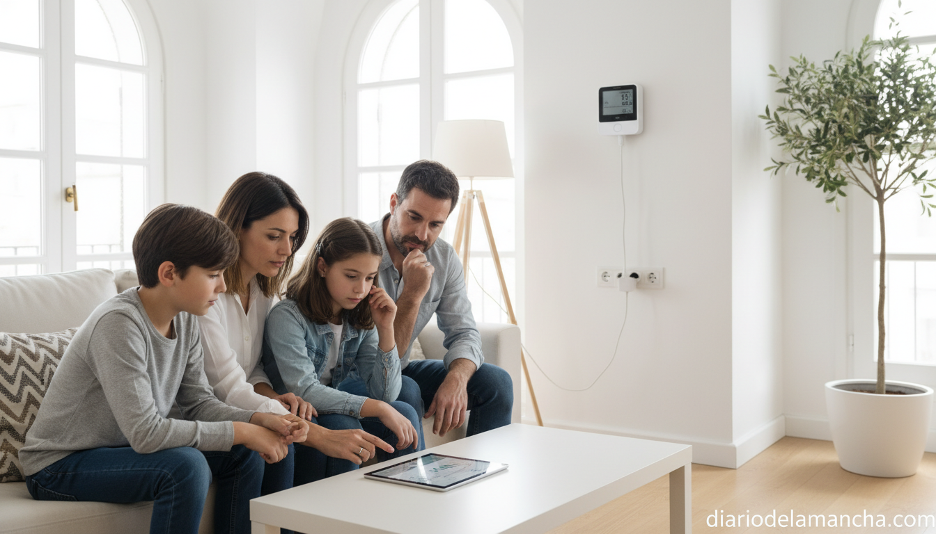 Familia revisando la factura de luz y gas en casa con dispositivos de ahorro energético