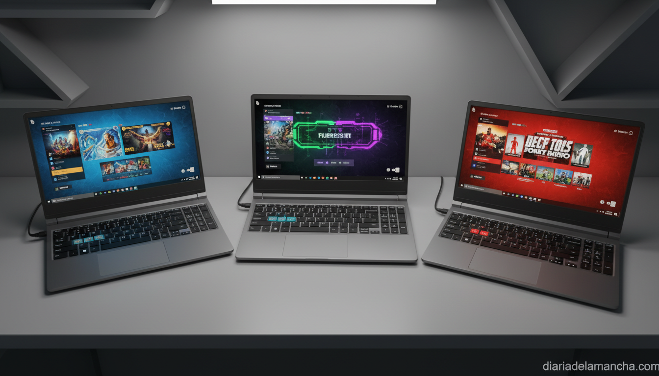 Tres portátiles gaming alineados sobre una mesa para comparativa