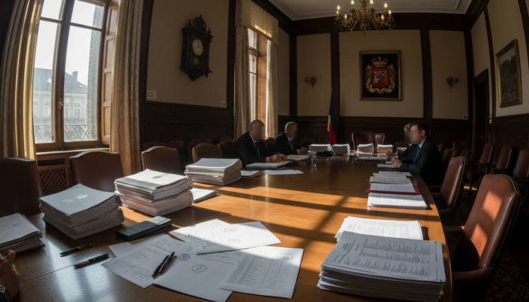 Sala de reuniones administrativa con documentos y resoluciones oficiales sobre una mesa, bolígrafos y folios con listas de...