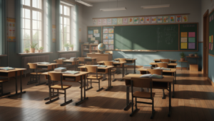 Aula de colegio de Educación Primaria con pupitres ordenados y pizarra al fondo, luz natural entrando por ventanas amplias...