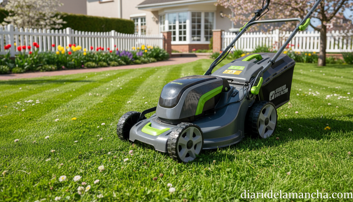 Cortacésped eléctrico en un jardín impecable en primavera