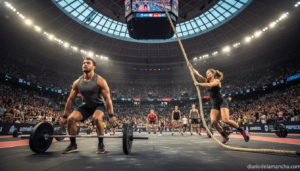 Athletes competing in an intense CrossFit competition inside a large modern sports arena. Multiple athletes performing fun...