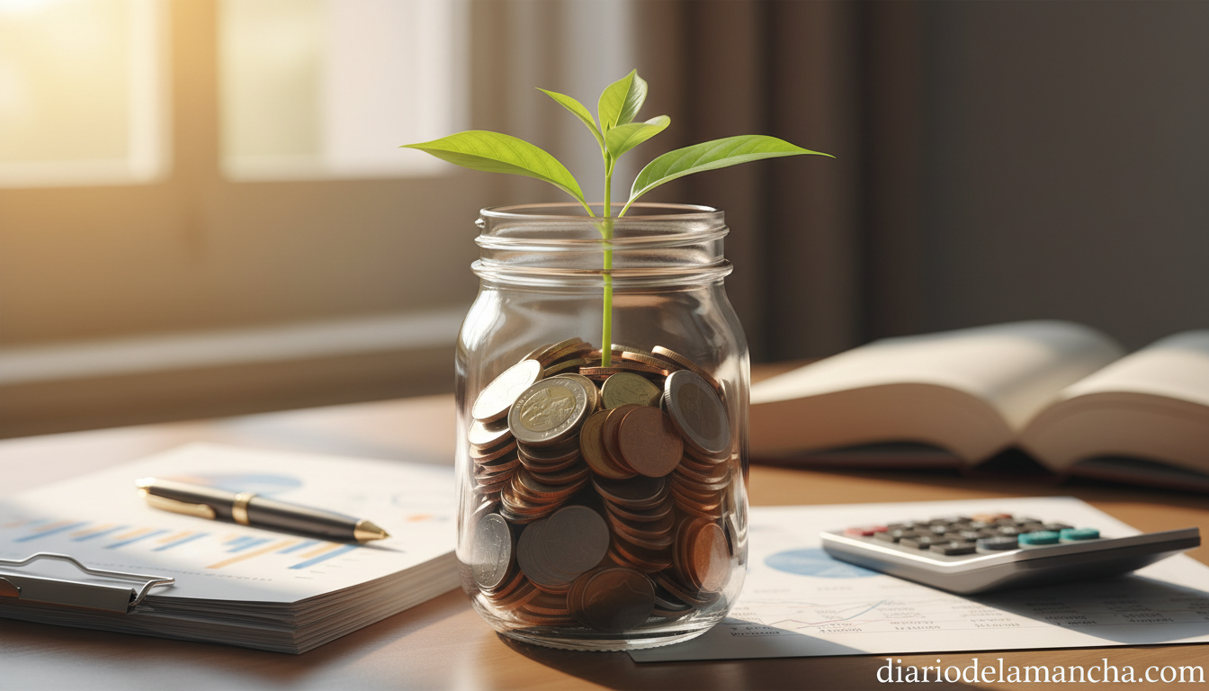 Tarro con monedas y planta simbolizando cuentas remuneradas y ahorro
