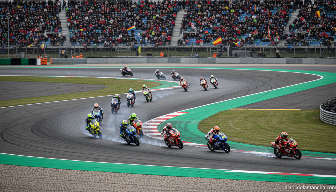 Motorcycle racing scene, Moto3 class, overhead view of a racing circuit during official practice, multiple small motorcycl...