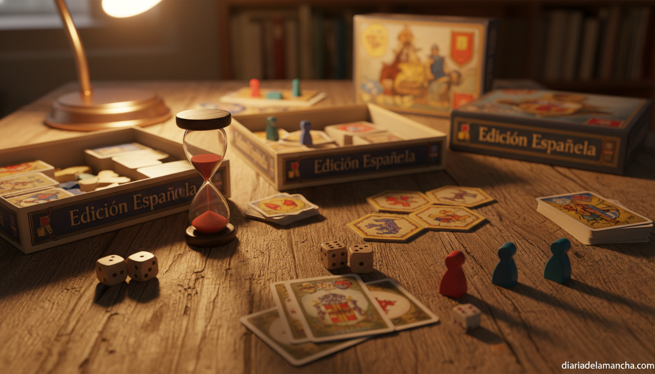 Detalle de juegos de mesa clásicos sobre una mesa de madera con dados y fichas