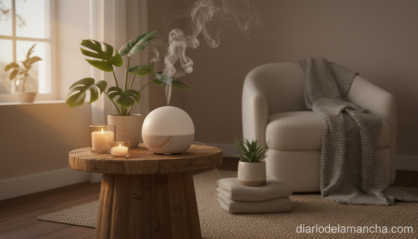 Creando oasis personales: Guía de los mejores difusores aromáticos para transformar tu hogar en un santuario de historias 1 Difusor de aromas ultrasónico en salón acogedor ambiente relajante