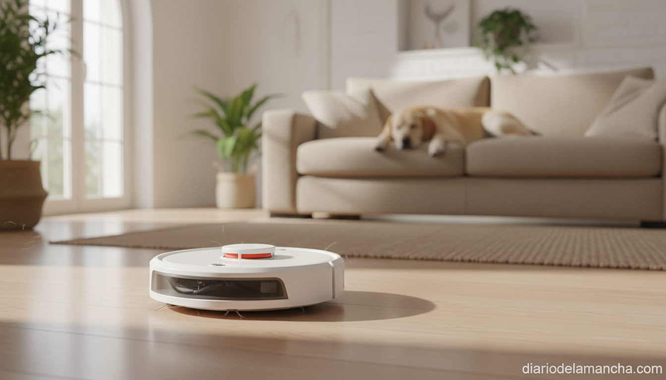 Robot aspirador Dreame L10s Ultra Gen 3 limpiando salón con mascota cerca