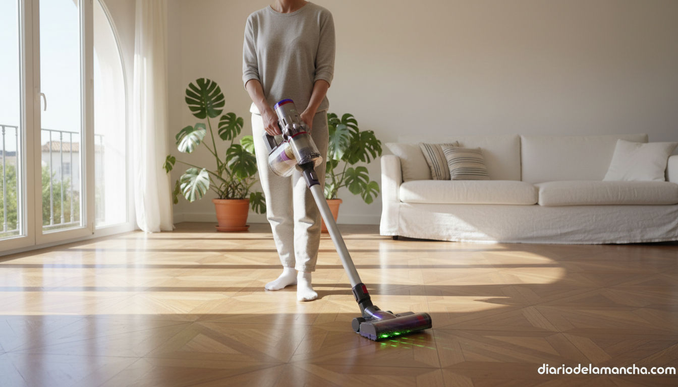 Dyson V15 Detect aspiradora sin cable en salón moderno con suelo de parquet