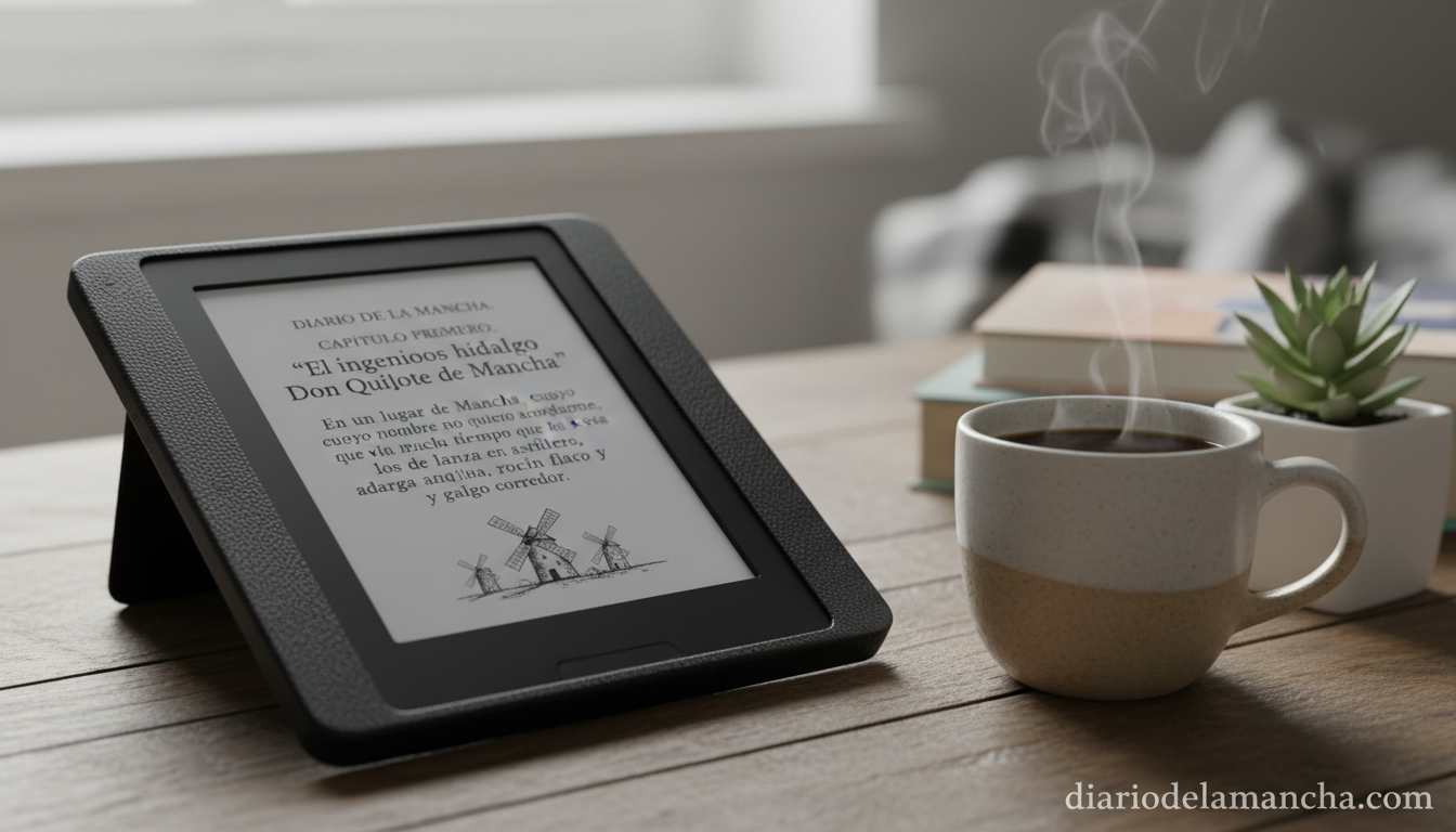 Lector de libros electronicos sobre una mesa con cafe y planta