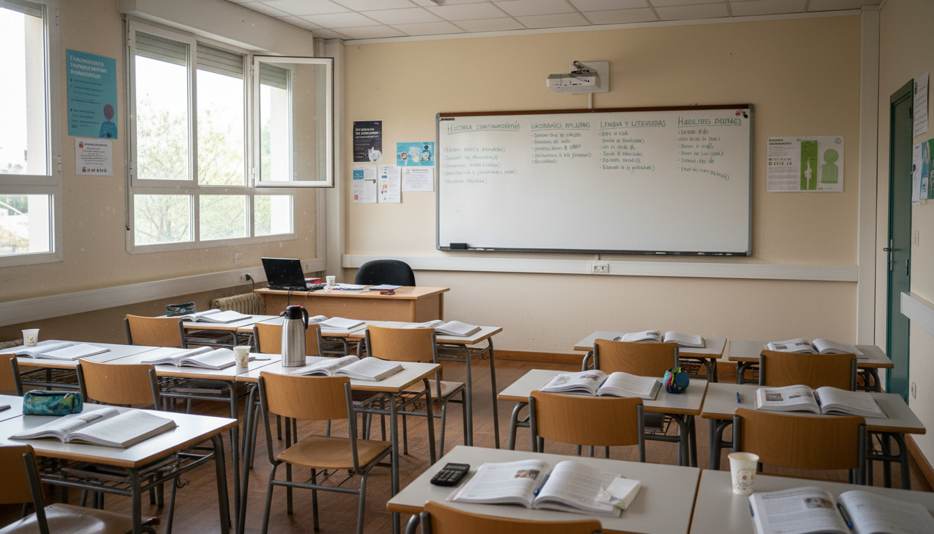 Aula de adultos en un CEPA español, pizarra con temario educativo, mesas ordenadas con material escolar, luz natural de ve...