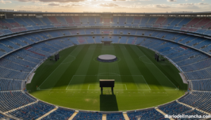 A large football stadium with empty seats and a green pitch, symbolic of a club presidential election announcement. No peo...