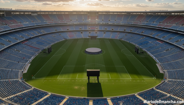 A large football stadium with empty seats and a green pitch, symbolic of a club presidential election announcement. No peo...