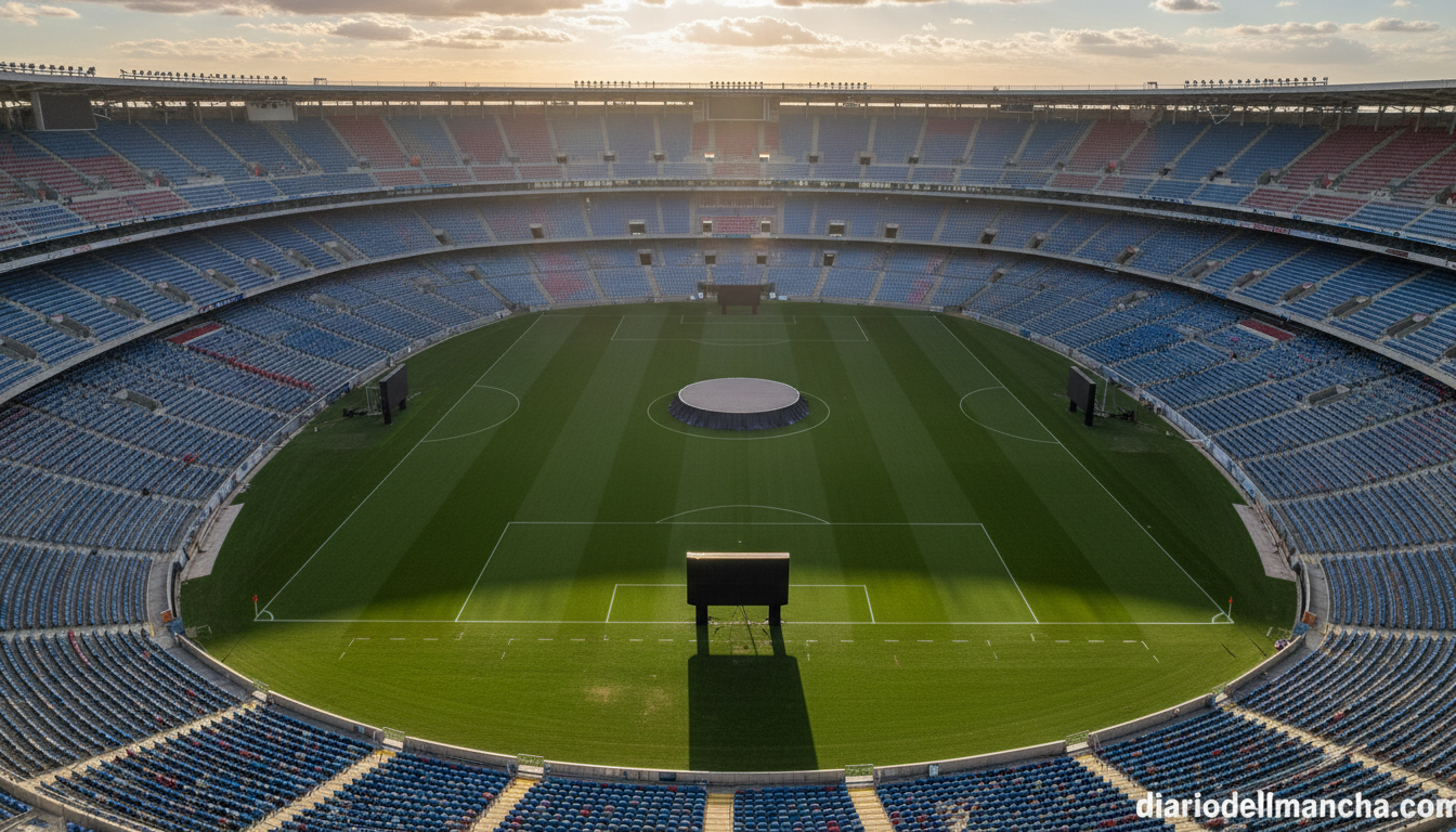 A large football stadium with empty seats and a green pitch, symbolic of a club presidential election announcement. No peo...